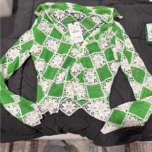 Zara Green and White Crochet Top